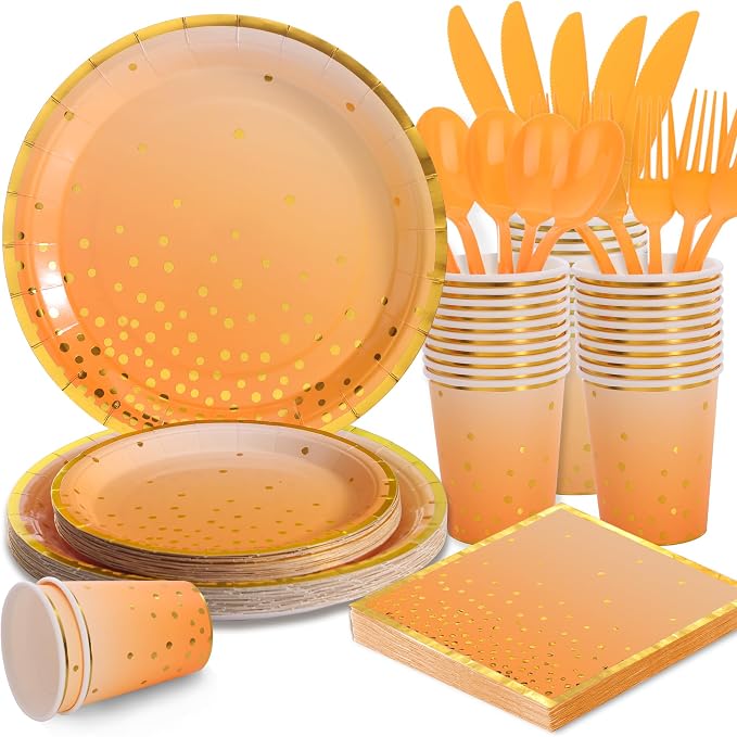 175PCS Orange Party Supplies, Fall Paper Plates and Napkins, Orange Paper Plates for Birthday, Fall Party Decorations, Thanksgiving Day, Serve 25 Guests