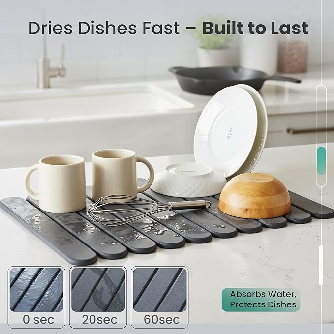 Stone Dish Drying Mat for Kitchen Counter, 23.6”(L) x 15.3”(W), Collapsible Eco-Friendly Diatomaceous Mat, Non Slip Quick Dry – Grey Mat for Dishes, Bottles & Cups, Matches Any Countertop