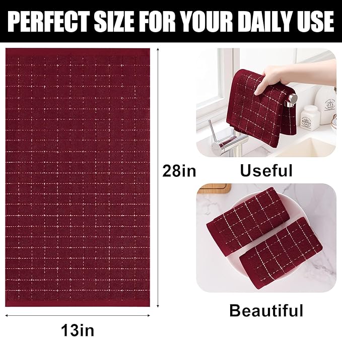 Homaxy 100% Cotton Terry Kitchen Towels(Burgundy Red, 13 x 28 inches), Checkered Designed, Soft and Super Absorbent Dish Towels, 8 Pack