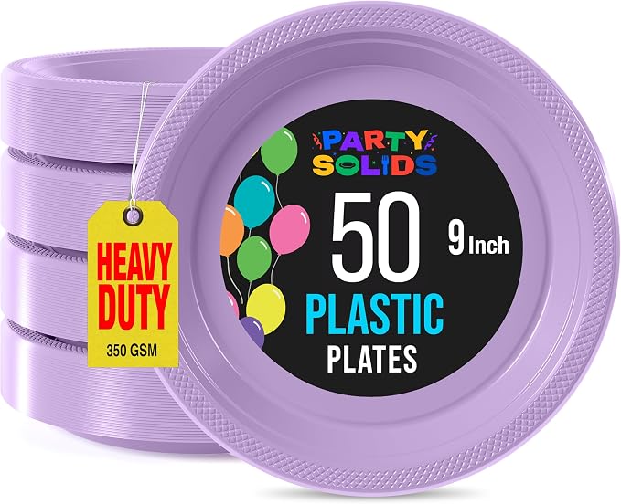 Exquisite Party Solids Lavender Plastic Plates For Party Supplies 9" Lavender Disposable Plates Heavy Duty 50 Pcs Plastic Dinnerware Sets Heavy Duty 350 GSM Disposable Dinnerware Set