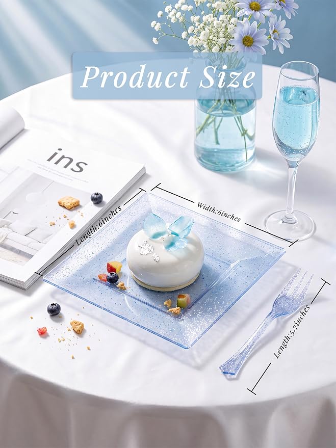 DaYammi 100Pcs Blue Glitter Dessert Plates Including 50Pcs Appetizer Plates 6" and 50Pcs Plastic Forks 5.7",Blue Plastic Square Plate for Party,plastic Salad Plate and Cake Forks for Wedding Birthday