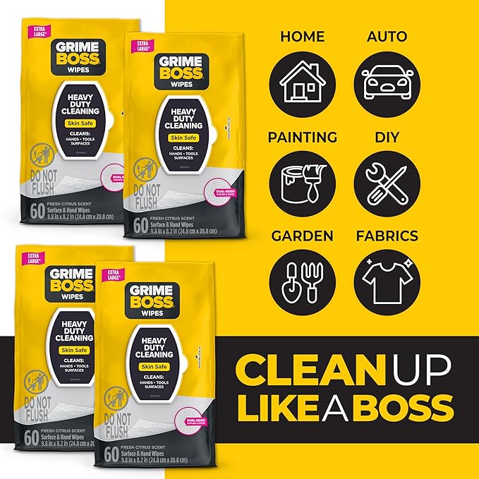 Grime Boss Heavy Duty Surface and Hand Wipes (4x60ct) | Wet Wipe Remove Paint, Oil, Grease, Adhesives, Mud, Dirt | Shop Rag Replace Cleaners like Rags, Towels, Pumice, Soap