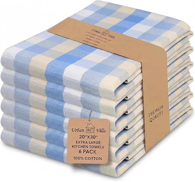 Urban Villa Kitchen Towels Set of 6 Blue Sand Buffalo Checks Kitchen Towels 20X30 Inches 100% Cotton Highly Absorbent Kitchen Towels Premium Quality Ultra Soft Mitered Corners KitchenTowels