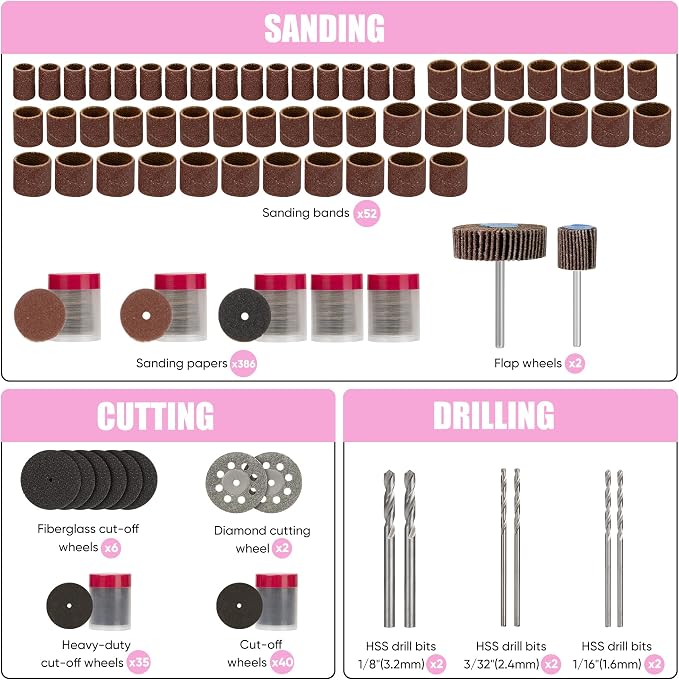 618PCS Rotary Tool Accessory Kit, Fits Dremel Rotary Tools, Universal Fitment for Polishing, Sanding, Cutting, Drilling, Engraving, Grinding with Portable Tool Storage Case (Pink) Fathers Day