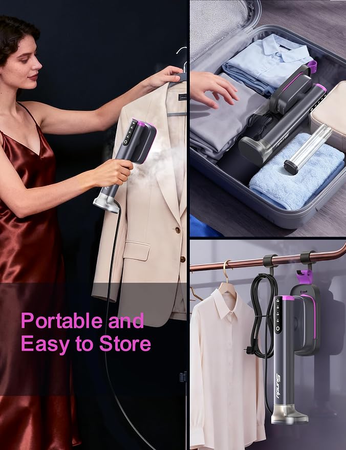 Sundu Travel Steamer for Clothes, Portable Handheld Garment Steamer, 15s Fast Heat-up, 2 Water Tanks (180 ml +100 ml), 25 Minutes of Continuous Ironing for Travel,Home Charcoal