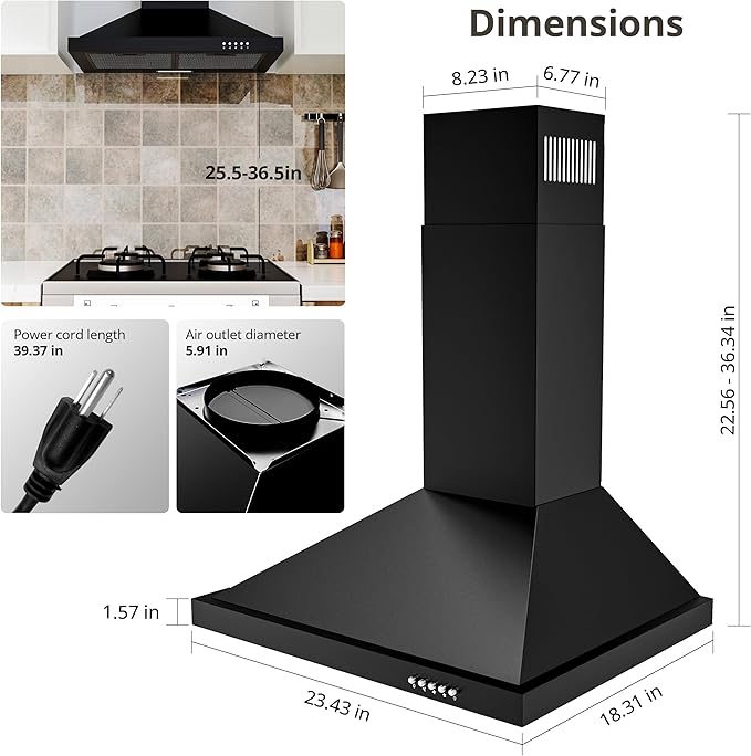 FIREGAS Range Hood 24 inch Wall Mount Type with Ducted/Ductless Convertible,450 CFM Stainless Steel Chimney-Style Kitchen Hood, Over Stove Vent Hood with 3 Speed Fan,Charcoal Filters,Black