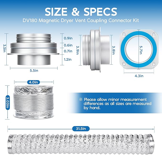 DV180 Magnetic Dryer Vent Coupling Connector Kit, Quick Connection, Airtight Seal, Easy to Clean, Universal Compatibility with Standard 4" Dryer Vent Systems, Includes 2.6ft Hose, 2 Clamps & Foil Tape