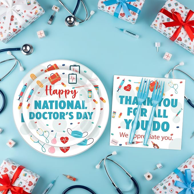Remerry 96 Pcs Happy National Doctor's Day Party Supplies Thank You for All You Do Paper Plates Napkins Disposable Appreciation Doctor Employee Staff Tableware for Holiday Party Decoration