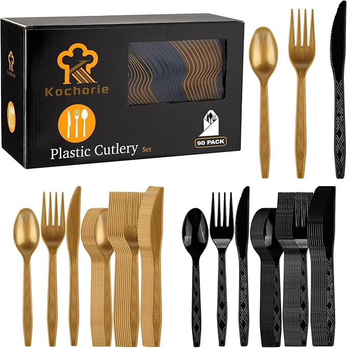 Kochorie 90 Pieces Graduation Party Plastic Cutlery Set Black and Gold Disposable Plastic Utensils Heavy Duty Flatware Set Include 30 Knives 30 Forks 30 Spoons for Graduation Wedding Birthday Party