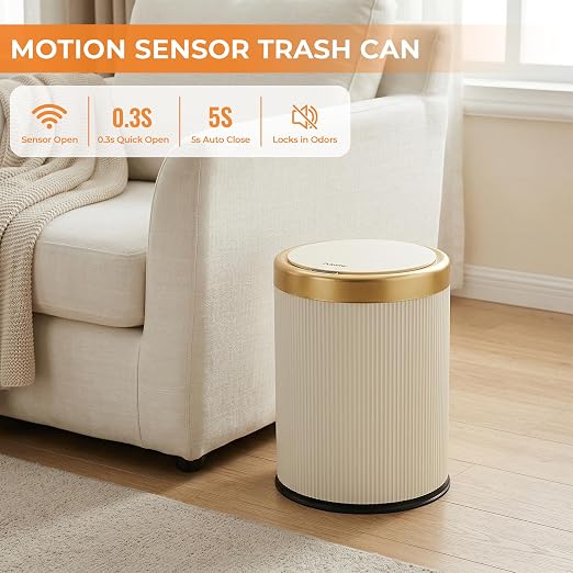 Pukomc Automatic Motion Sensor Trash Can with Lid, 3.5 Gallon Touchless Trash Bin, White Plastic Wastebasket,Smart Garbage Can for Bedroom, Office, Dorm