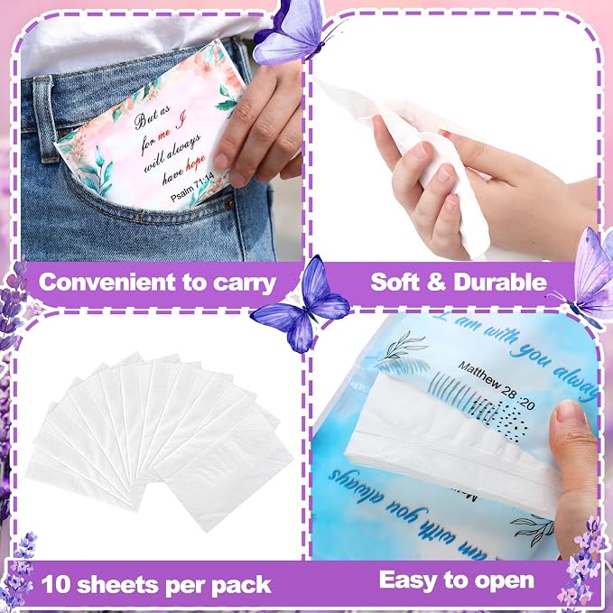 TaoBary 80 Pack Christian Pocket Tissues for Wedding Guests Scripture Flowers Pocket Tissues Travel Packs Inspirational Bible Verse 3 Ply Soft Facial Napkin for Wedding Travelling Ceremony Supplies