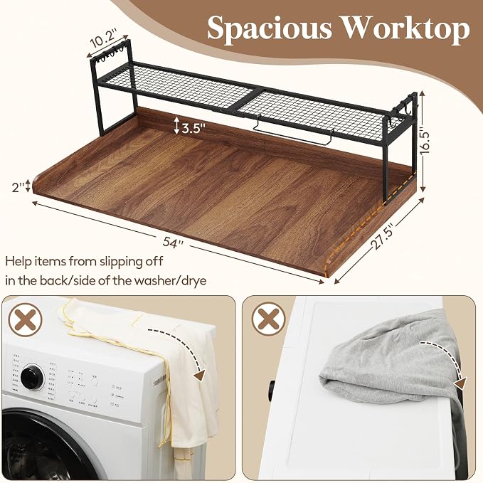 Lifewit Washer Dryer Countertop with Adjustable Shelf, Melamine Cover for The Top with Edge Rails, Towel Rack for Laundry Room Storage and Organization, Hold 200lbs, Walnut, 54" x 27.5"