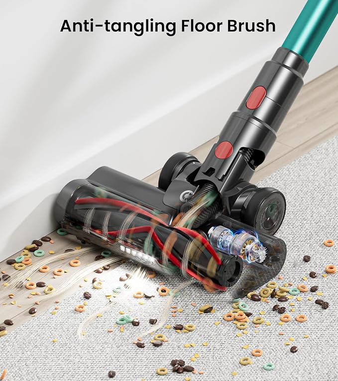 CHEBIO Cordless Vacuum Cleaner, 550W/45Kpa Vacuum Cleaners for Home with LED Display, Anti-Tangle Cordless Stick Vacuum with 65Min, Lightweight Wireless Vacuum (Green)