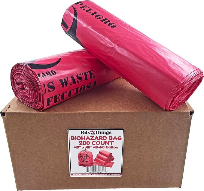Bits N Things Infectious Biohazard Red Waste Bags Hazardous Trash Can Liners | Medical Grade No Leak Bags | Great for Lab Containers, Swabs, Pads, Gloves | 200 Count - 40" x 48" (40-50 Gallon)