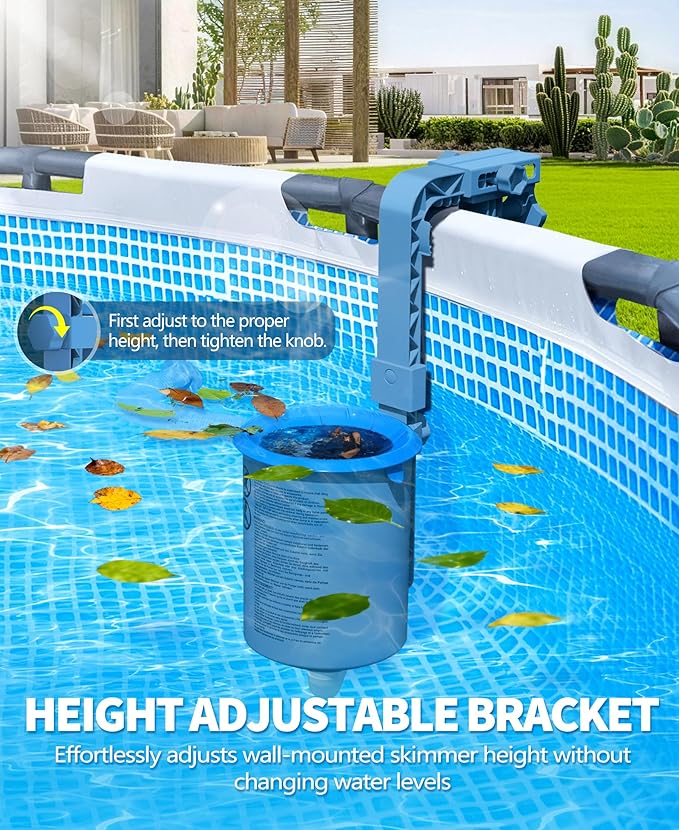 DeeprClean Upgrade Above Ground Pool Skimmer Comes with 3 Socks, Anti-tilt Wall Mount Surface Skimmer, Removable Skimmer Basket, Adjustable Height Bracket, Auto Skimming Pool Surface Leaves - Blue