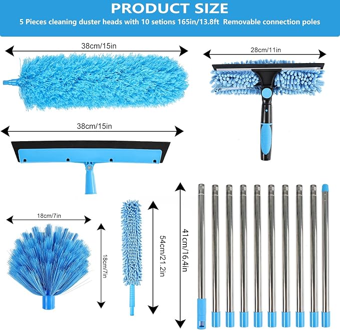 High Reach Duster Kit with14 ft Extension Pole High Ceiling Dusting and Window Cleaning Kit with Spliceable Pole - Cobweb Duster, Fan Blade, Window Washer & Squeegee and Feather Dusters