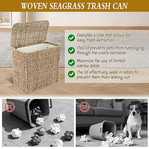 Wicker Trash Can with Lid and Liner, Bathroom Trash Can with Lid, Natural Water Hyacinth Wicker Waste Basket, Boho Rattan Garbage Wastebasket for Bedroom Living Room Office Kitchen