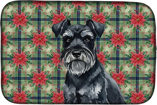 Caroline's Treasures Black Miniature Schnauzer Christmas PoinsettIas Dish Drying Mat Absorbent Dish Drying Mat Pad for Kitchen Counter Dish Drainer Mat for Countertop, 14 x 21", Multicolor