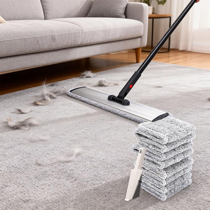 Flat Mop 24in, Heavy Duty Microfiber Wet Mop for Hardwood & Laminate & Tile | Deep clean for hardwood, tile & laminate. 24-inch mop head fits most homes. Includes 4 durable reusable pads & adj. handle.