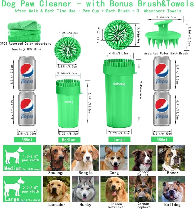 Paw Cleaner for Small/Medium Dogs - Grabs Loose Fur with Top Brush | Clean muddy paws fast. Attached top brush grabs loose fur. No extra tools. Comes with bath brush & 3 towels. Less fur. Green