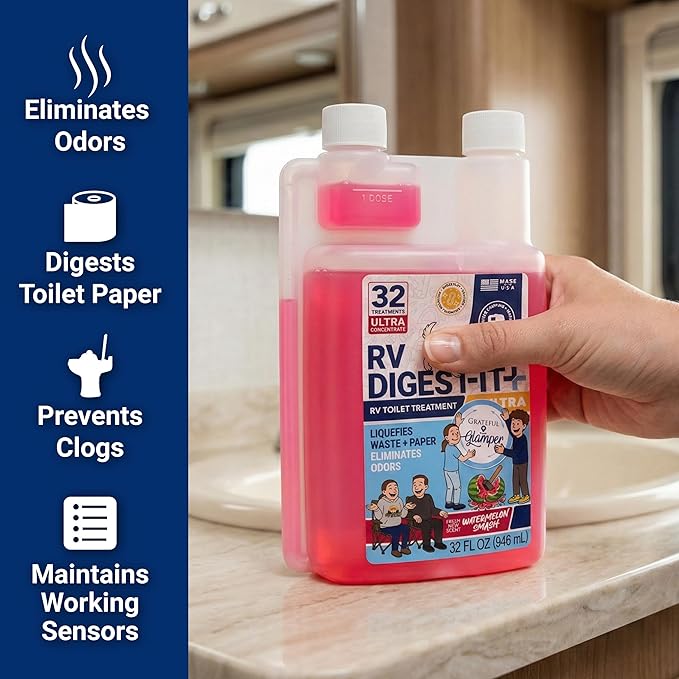 Unique RV Digest-It Ultra RV Toilet Treatment, 32 Uses, Grateful Glamper Watermelon Smash Exclusive, Eliminates Odors, Liquifies Waste, Easy-Measure Liquid Preventive Holding Tank Treatment 32 Fl Oz