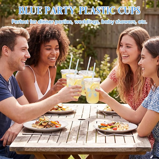 LemonRoad 50sets 16oz Blue Bow Cups Birthday Party Decorations Supplies Cute Plasic Cups Disposable with Lids and Straws for Valentines Galentines Day Christmas Wedding Baby Shower Decorations
