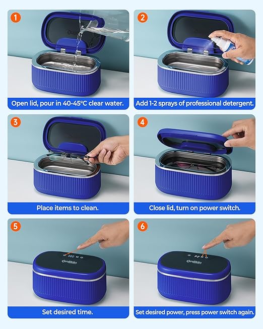 45KHz Ultrasonic Jewelry Cleaner, 5 Timer & 3 Power Modes, 35W Retainer Cleaner for Jewelry, Eyeglasses, Rings, Watch Strap, Dentures - Quiet <38dB, 20oz, 304 Stainless Steel (Sapphire blue)