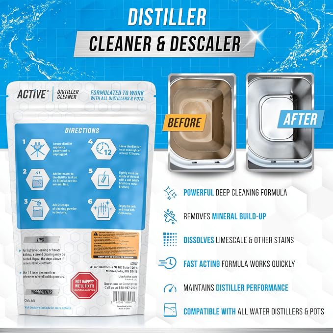 ACTIVE Distiller Cleaner and Coffee Maker Cleaner Tablets - Includes 32oz Distiller Cleaning Powder and 24 Coffee Machine Cleaning Tablets