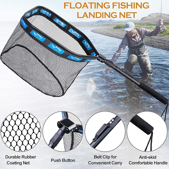 PLUSINNO Floating Fishing Net for Steelhead, Salmon, Fly, Kayak, Catfish, Bass, Trout Fishing, Rubber Coated Foldable Landing Net with Fixed or Telescoping Pole Handle, Fishing Gear and Gifts for Men