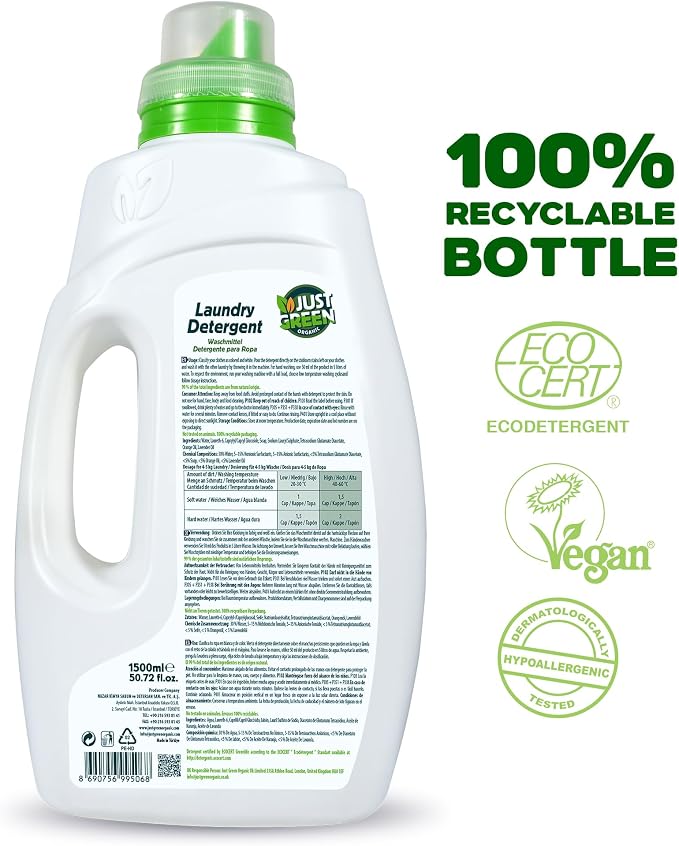 Liquid Laundry Detergent, Plant-Based Laundry Soap, Non-Toxic, Hypoallergenic, Fragrance-Free, EcoCert Certified, Vegan, For Whites & Colors, 30 Washes, 50.7 fl oz (1500 ml) 3 Pack