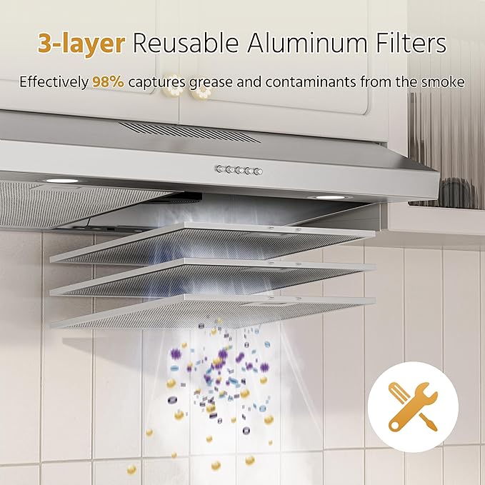 FIREGAS 30 Inch Under Cabinet Range Hood with Quiet Brushless Motor, 300CFM Ducted/Ductless Convertible Vent Hood, 3 Speed Exhaust Fan, LED Light & Reusable Filter, Stainless Steel Kitchen Stove Hood