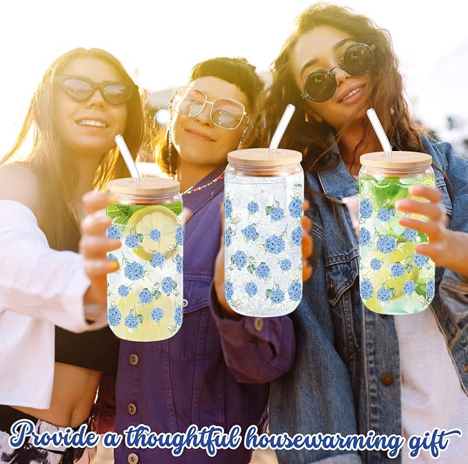 Sliner 2 Pcs Hydrangea Glass Cups Floral Gifts Flower Drinking Glasses 16 oz Iced Coffee Tumbler with Lid Straw Cute Beer Can Tumbler Holiday Gifts for Spring Summer Home Office Decorations