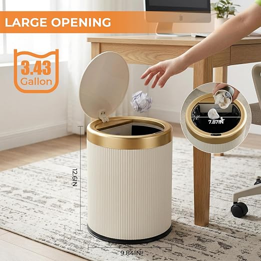 Pukomc Automatic Motion Sensor Trash Can with Lid, 3.5 Gallon Touchless Trash Bin, White Plastic Wastebasket,Smart Garbage Can for Bedroom, Office, Dorm