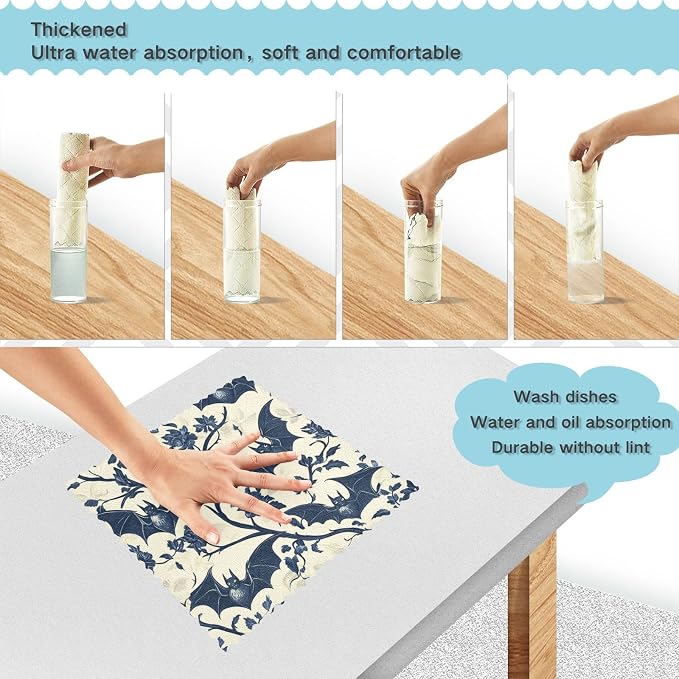 senya Kitchen Dishcloths, Gothic Bat Floral Pattern Cloth Dish Towels 6 Pack Super Absorbent Dishtowels Reusable Cleaning Cloths