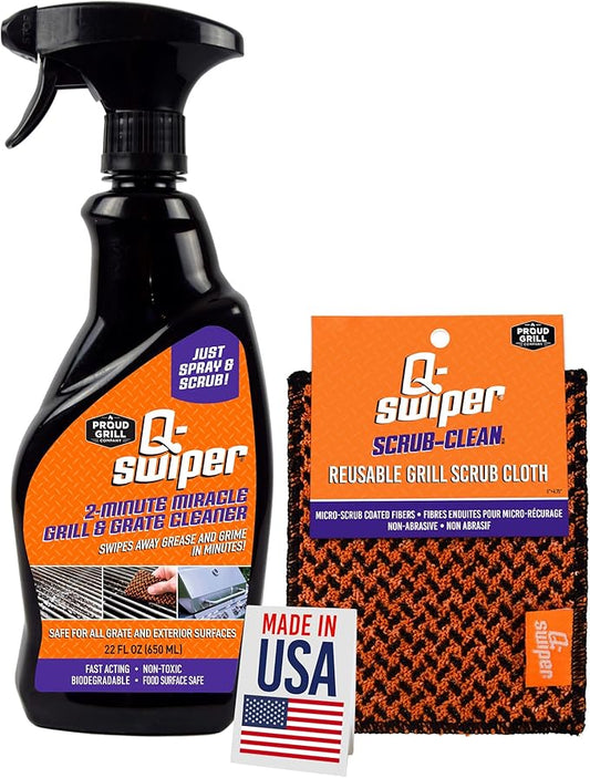 Proud Grill Company Q-Swiper 2-Minute Miracle Grill & Grate Cleaner with Scrub Clean Cloth - Degreaser Spray for BBQ, Oven, Stove, Kitchen Tops & Surfaces, Grate & Grease Remover, Smoker Cleaning Kit