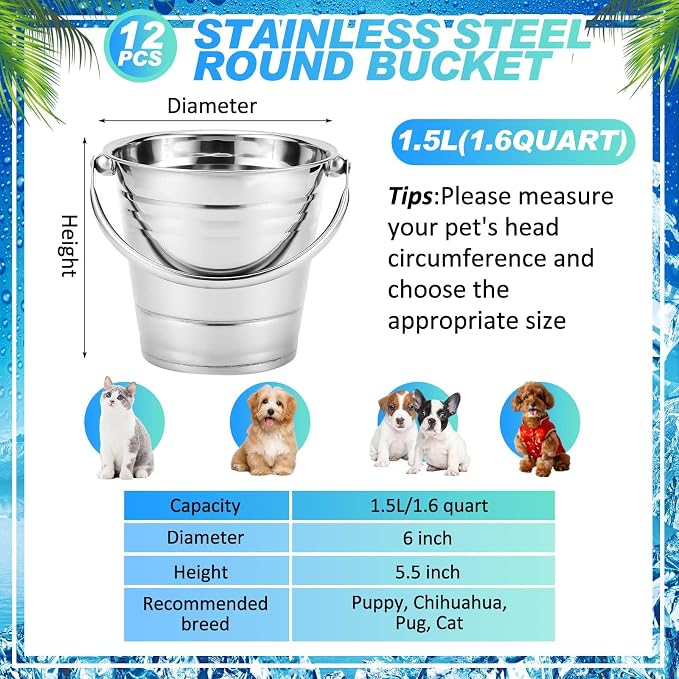 Hicarer 6 Pcs 1.5 Quart Stainless Steel Dog Water Bucket, Heavy Duty Stainless Steel Easy Clean Bucket Water Pails for Dogs Pets, for Kennels Farms Fences Cages Home