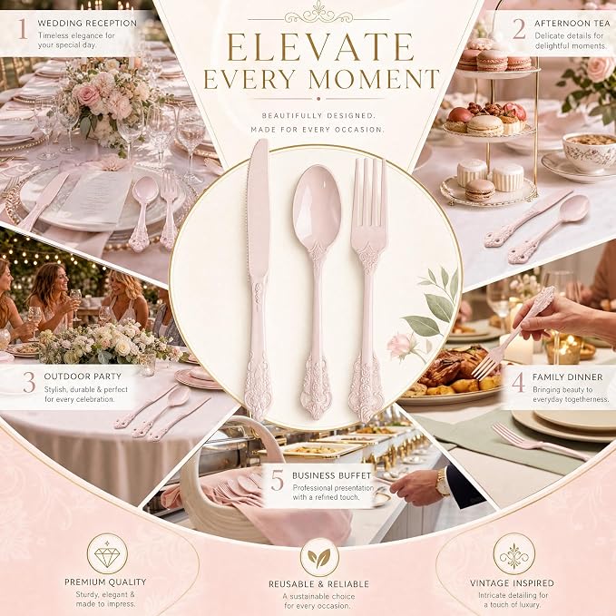 WDF 120 Pieces Heavy Duty Pink Plastic Cutlery Set - Disposable Utensils - Disposable Flatware Includes 40 Forks, 40 Spoons, 40 Knives for Party Baby Shower Wedding Spring