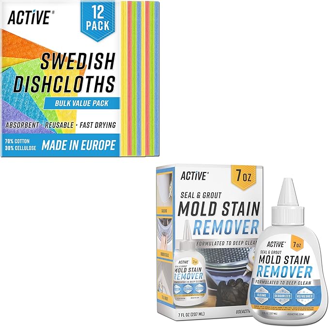 ACTIVE Swedish Dishcloths and Mold Stain Remover - Includes 12pk Cellulose Sponge Cloths and 7oz Mold Stain Remover Gel