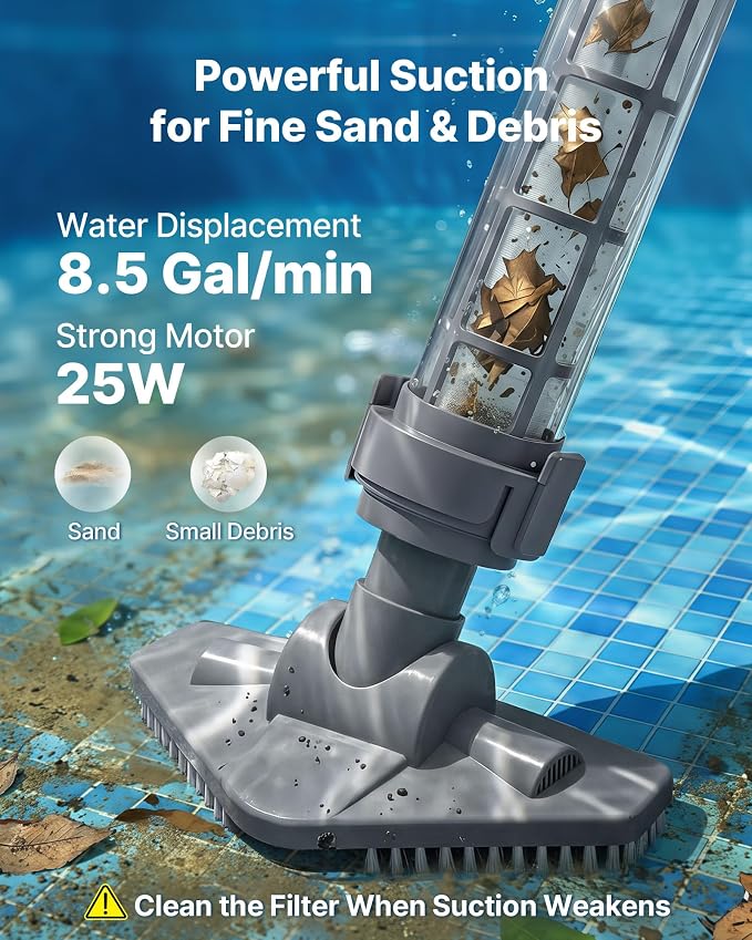 VEVOR Handheld Pool Vacuum, 8.5 GPM Cordless Spa Hot Tub Vacuum with Extension Pole and 2 Brush Heads, 60 Mins Running Time, for Small Debris, Sand, Rechargeable Pool Cleaner for Above Ground Pools