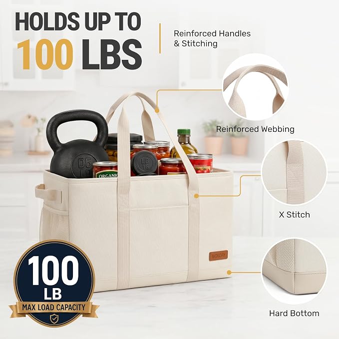 WONDAY Extra Large Utility Tote Bag - Standing Reusable Grocery Bag with Handle, Collapsible Storage for Shopping, Beach