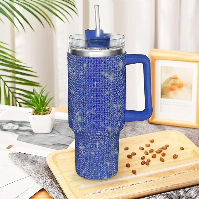HWISDMIG 40oz Tumbler with Handle-Glitter Rhinestones Tumbler Bling Cups Stainless Steel Water Bottle Diamond Studded Tumbler for Women-Birthday Gifts for Women, Mom, Girlfriend (Pacific)
