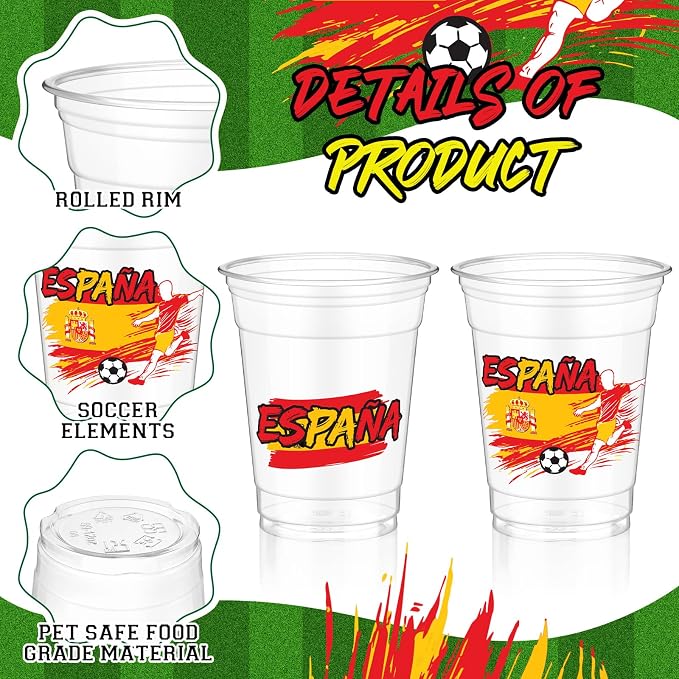Jingmore 50 Pcs Soccer Plastic Cups 12 oz International Countries Soccer Disposable Plastic Cups Thick Clear Drinkware for Sports Games Party Supplies (Espana)