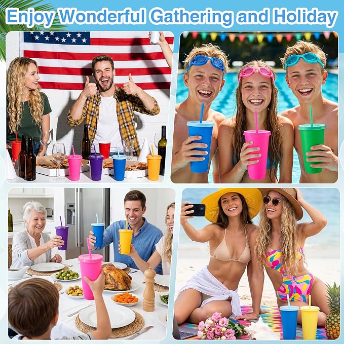 Honeydak 30 Pack Tumbler with Straw and Lid Bulk Cups for Gifts Water Bottle Iced Coffee Travel Mug Cup Reusable Plastic Tumblers for Party Birthdays 24-27 oz (Electric Color)