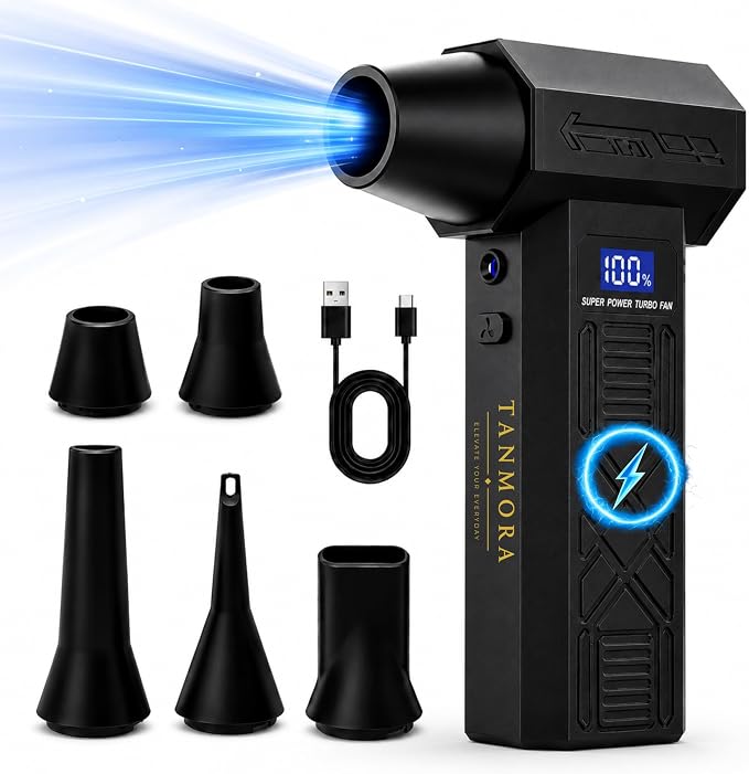 Electric Air Duster, 130000RPM Cordless Compressed Air Duster, Rechargeable Air Blower with LED Display & LED Light, 3-Speed Turbo Fan for PC Keyboard, Car & Home Cleaning