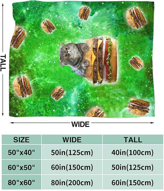 Tijuboni Hamburger Cat Throw Blanket Funny Cat Gifts for Girls Boys Women Men Kids Adults Soft Flannel Fleece Blanket for Couch Sofa Bed Home Decor 50"x60"