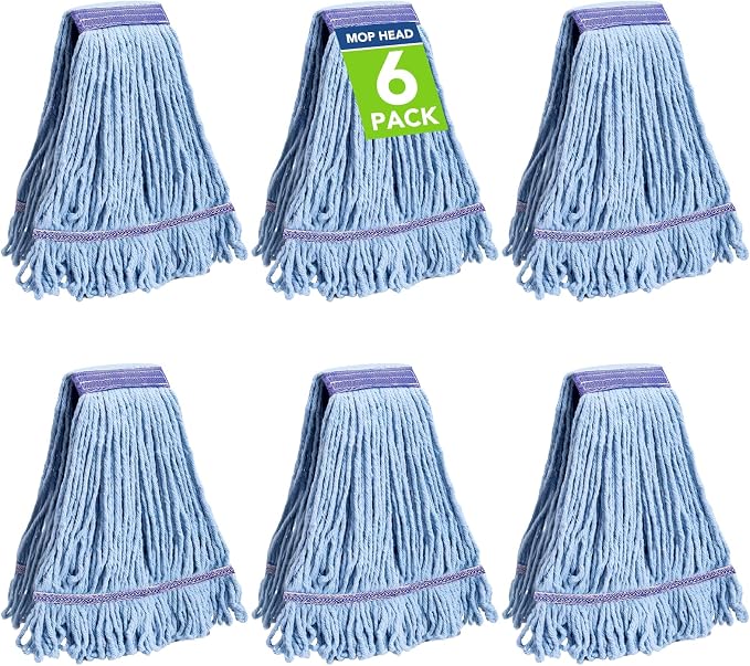 6 Pack Commercial Mop Head Replacement – Heavy Duty Mop Head for General and Floor Cleaning | Industrial Wet Mops | Washable Refill, Reusable, Looped End Mopheads | Hardwood, Concrete