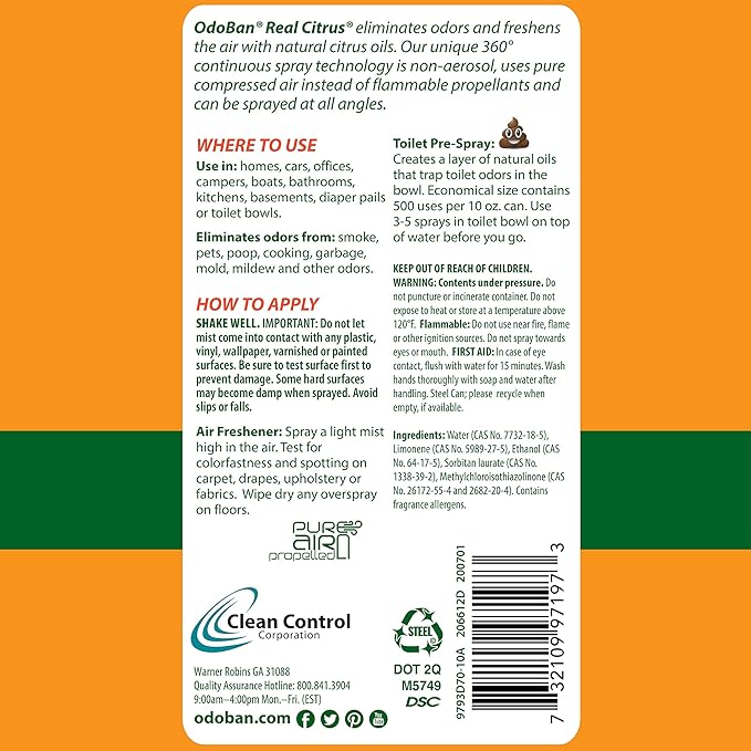 OdoBan 360-Degree Continuous Spray Natural Oil Real Citrus Orange Air Freshener, 10 Ounce, and Multipurpose Disinfectant Cleaner, 32 Ounce Spray, Made in the USA