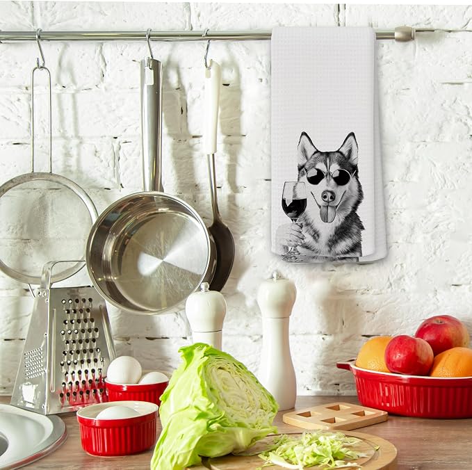Funny Husky Wine Kitchen Towels, Gifts for Dog Wine Lovers, Bar Accessories Dish Tea Towels for Kitchen, Dog Owners Housewarming Gift Decorative Hand Towel 16x24 Inch