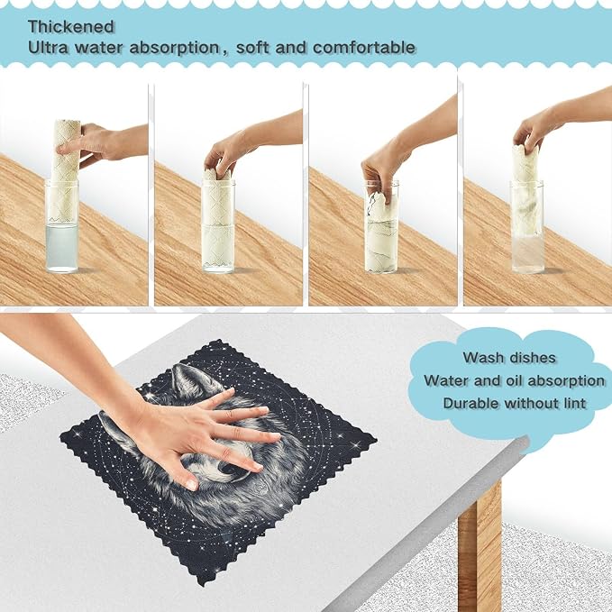 Black Wolf Totem and Constellation Kitchen Towels Dish Cloths Set of 6 Microfiber Cleaning Cloths for Cars Super Absorbent Machine