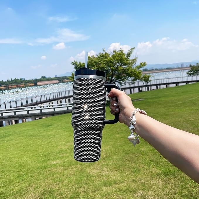 40oz Bling Tumbler with Handle and Straw Lid Rhinestone Studded Tumbler Cups Vacuum Insulated Stainless Steel Double Wall Water Bottle Travel Mug Gifts for Women Her (Black)
